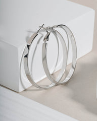 Modern Silver Toned Flat Hoop Earrings