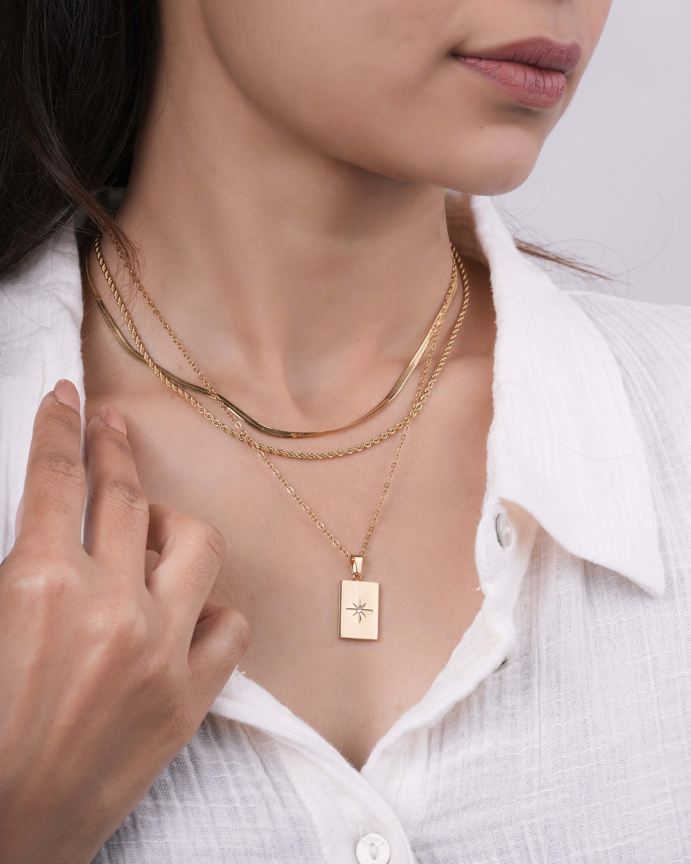Layered Gold Snake, Rope & Compass Necklace Set