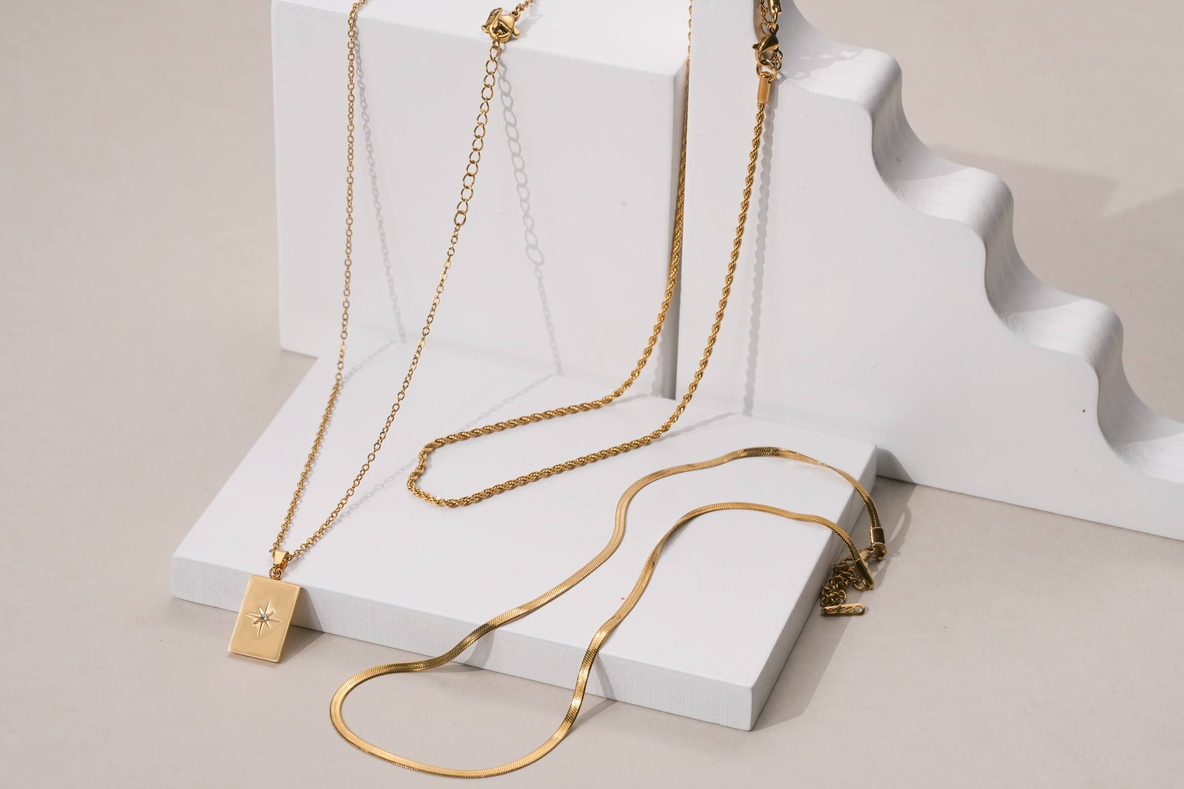 Layered Gold Snake, Rope & Compass Necklace Set