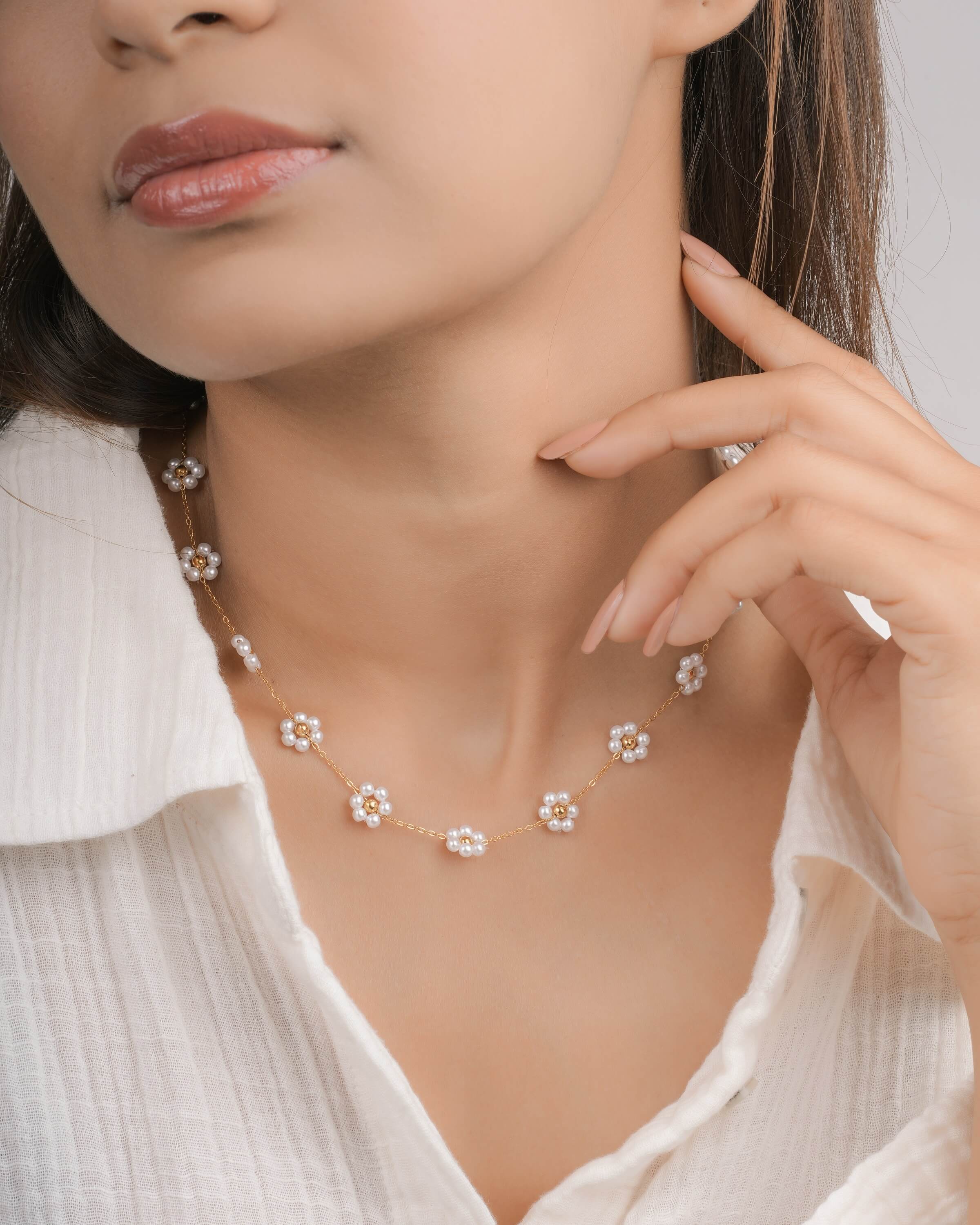 Delicate Pearl Flower Necklace in Gold Tone