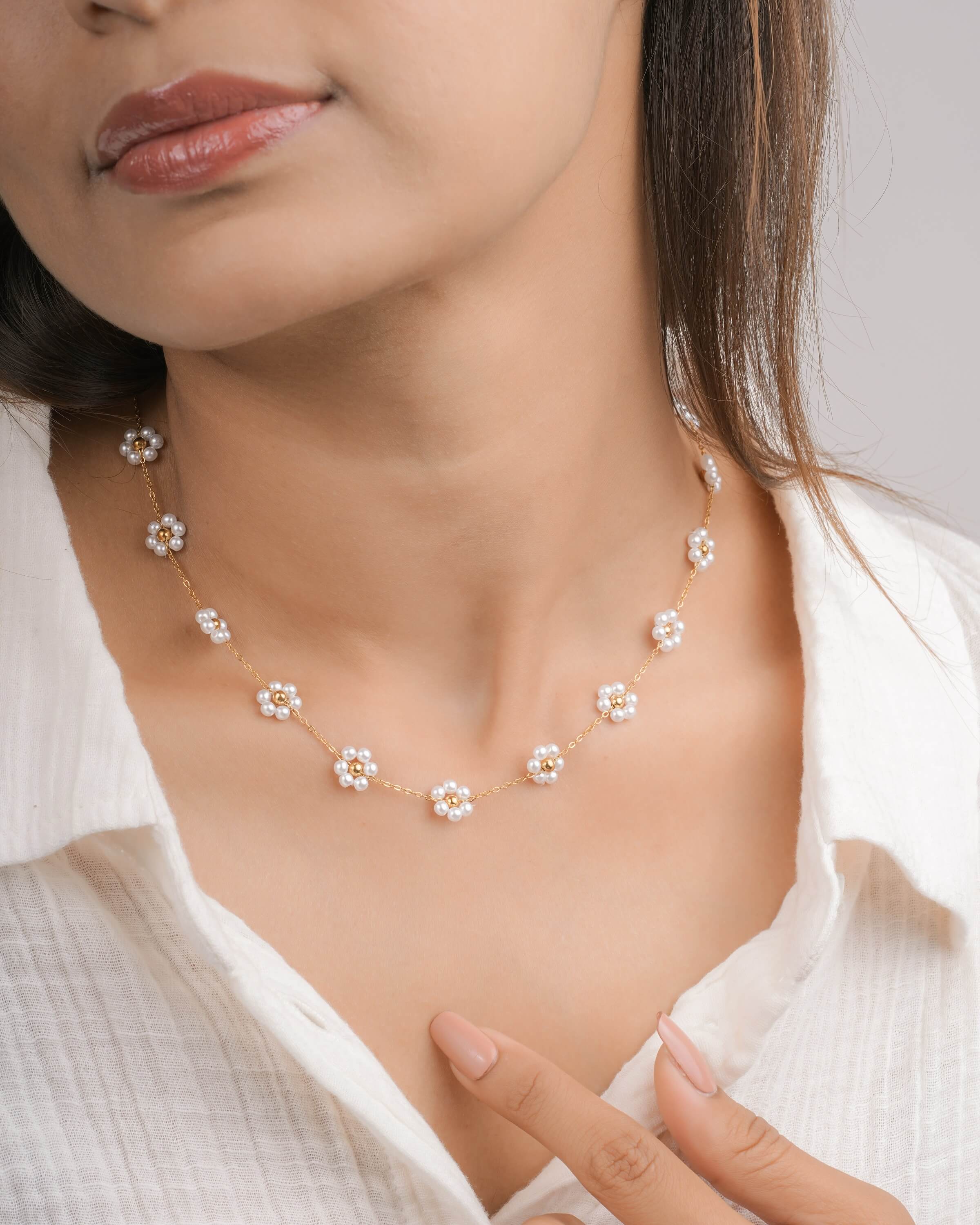 Delicate Pearl Flower Necklace in Gold Tone