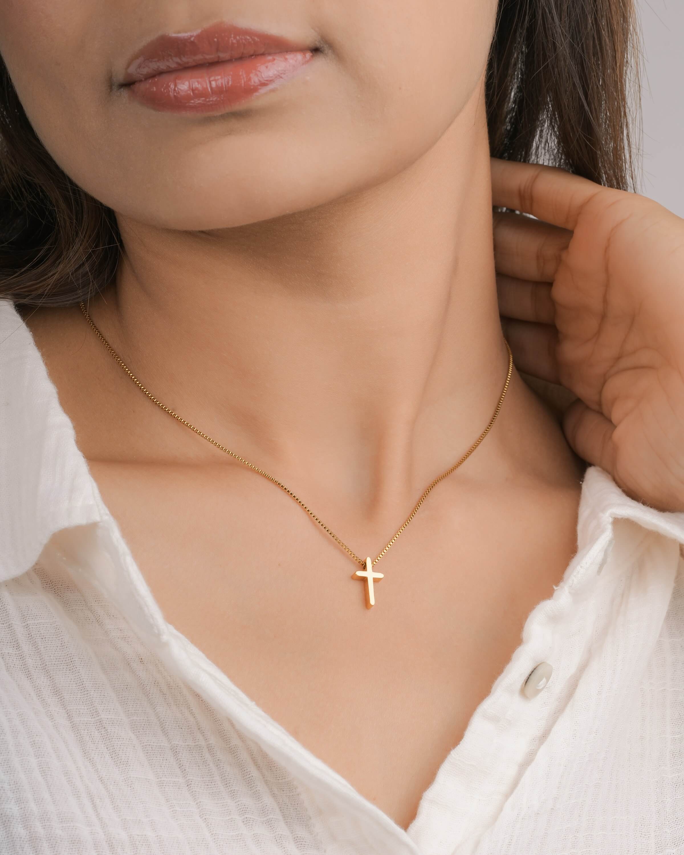 Delicate Cross Pendant Necklace in Yellow Gold Tone
