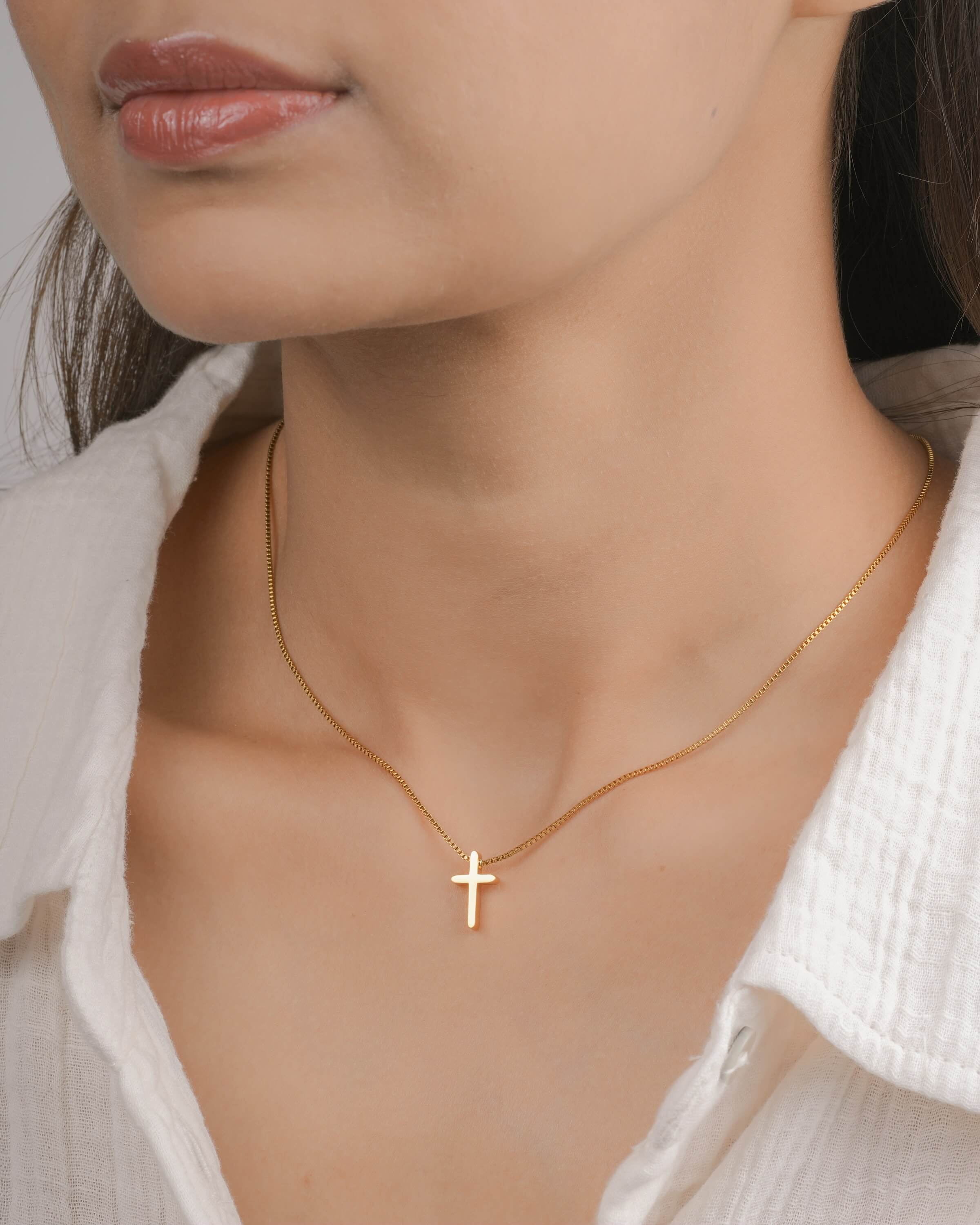 Delicate Cross Pendant Necklace in Yellow Gold Tone