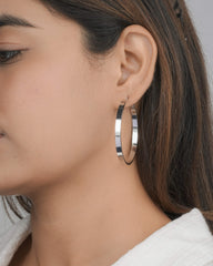 Modern Silver Toned Flat Hoop Earrings
