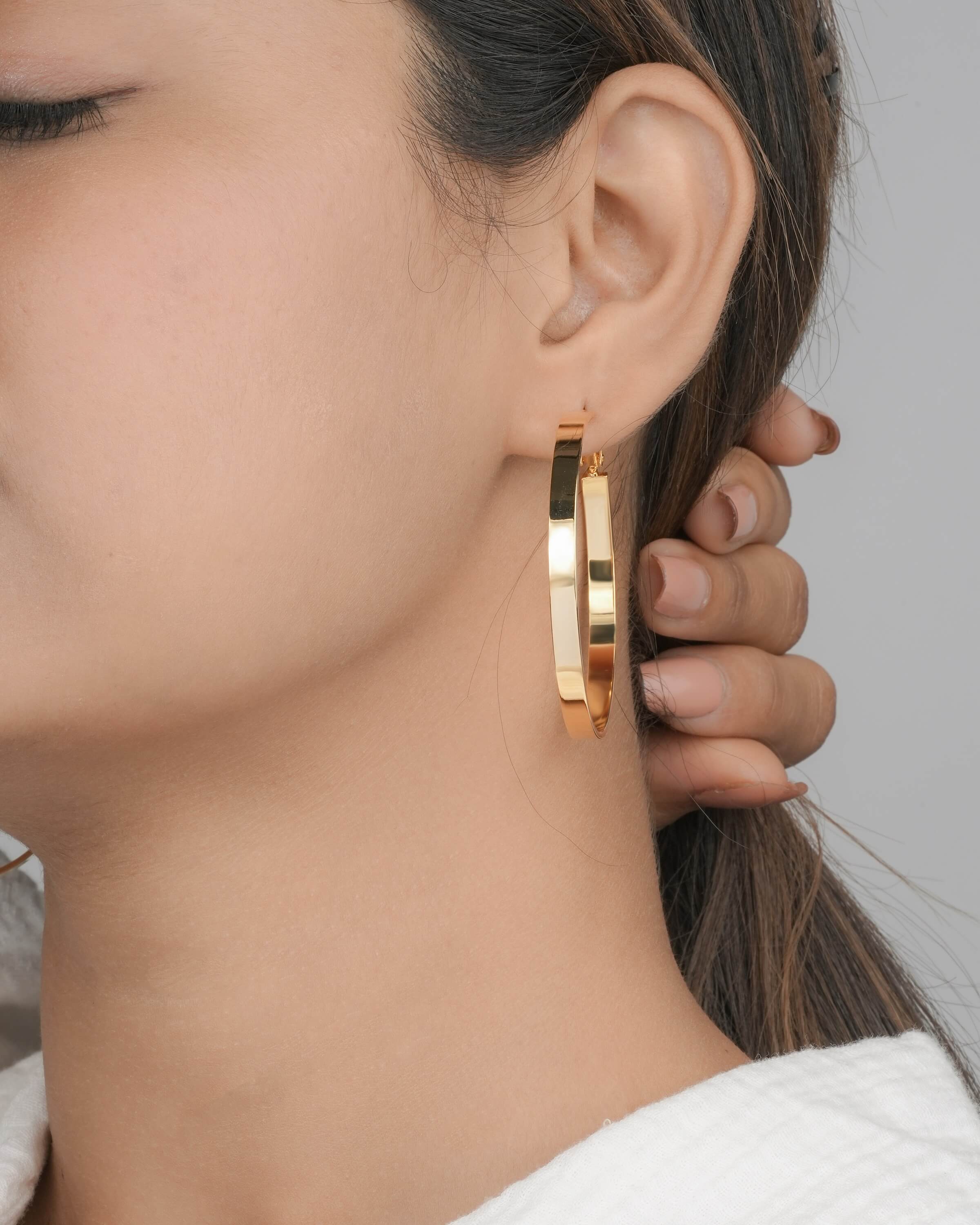 Modern Gold Toned Flat Hoop Earrings
