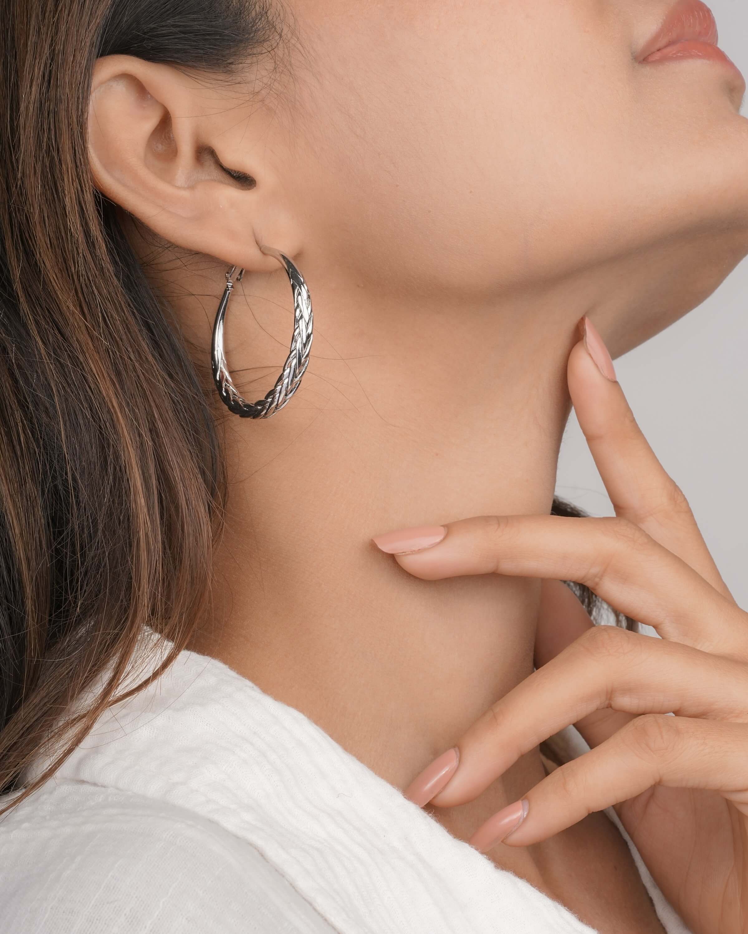 Silver Toned Braided Woven Hoop Earrings