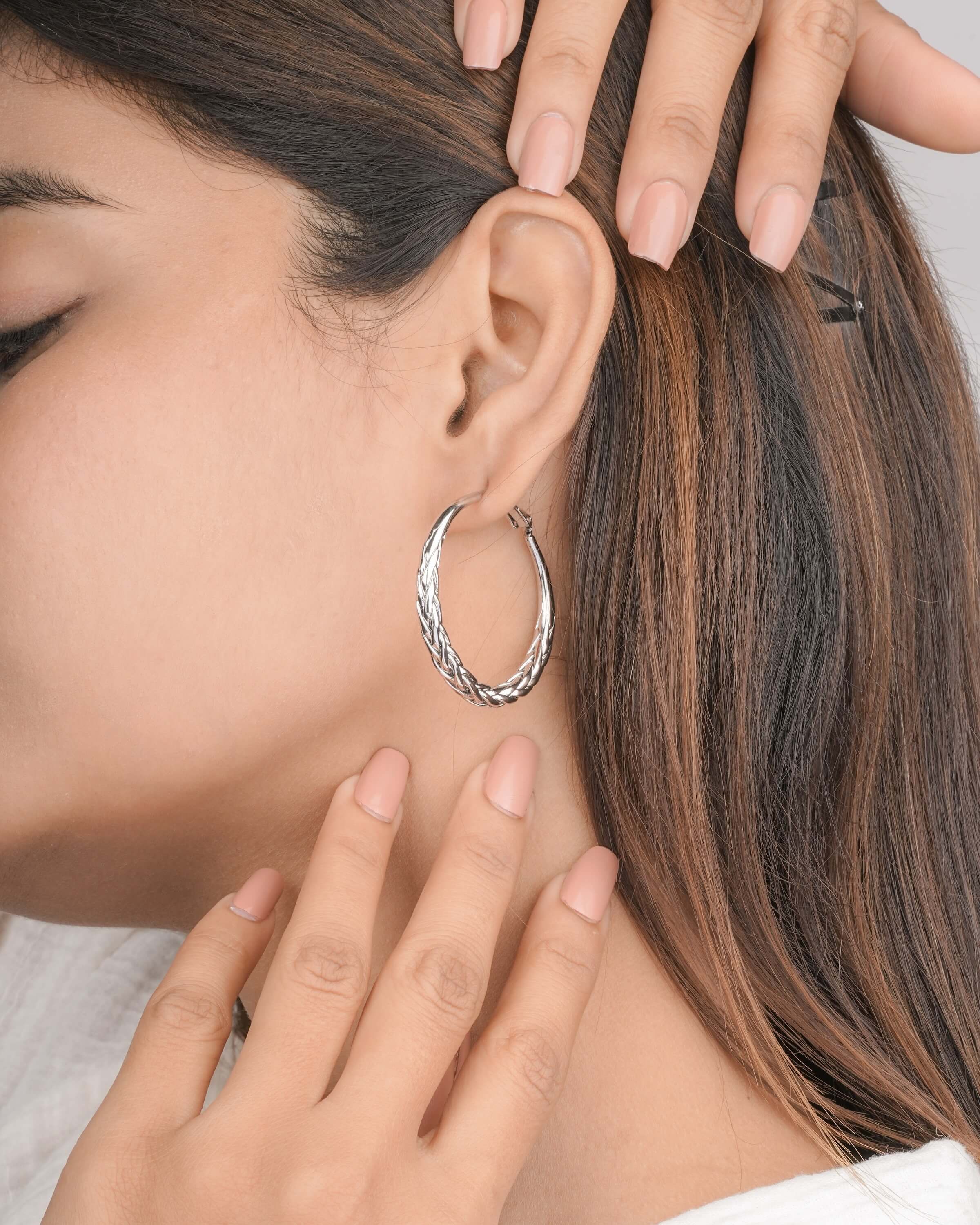 Silver Toned Braided Woven Hoop Earrings