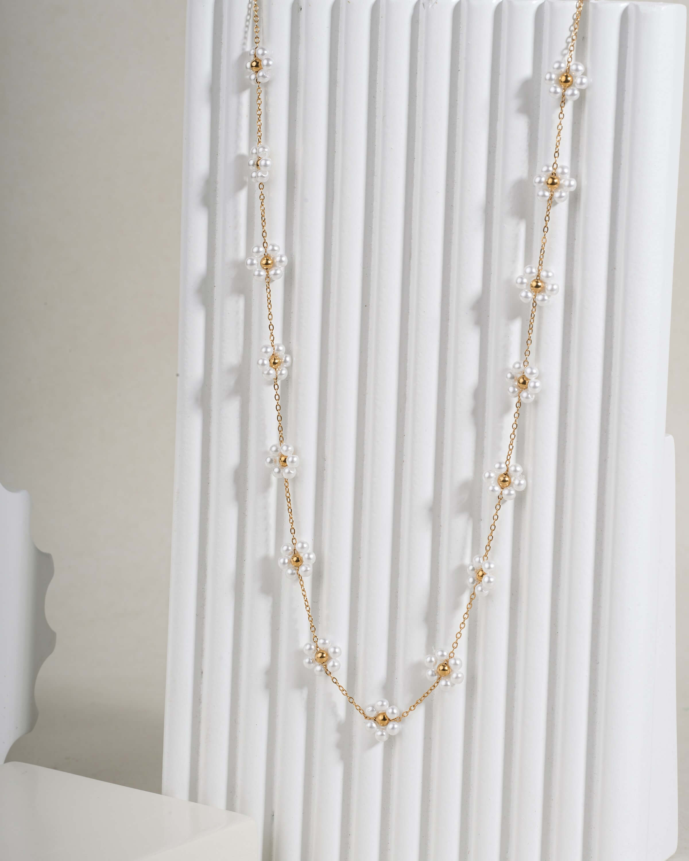 Delicate Pearl Flower Necklace in Gold Tone