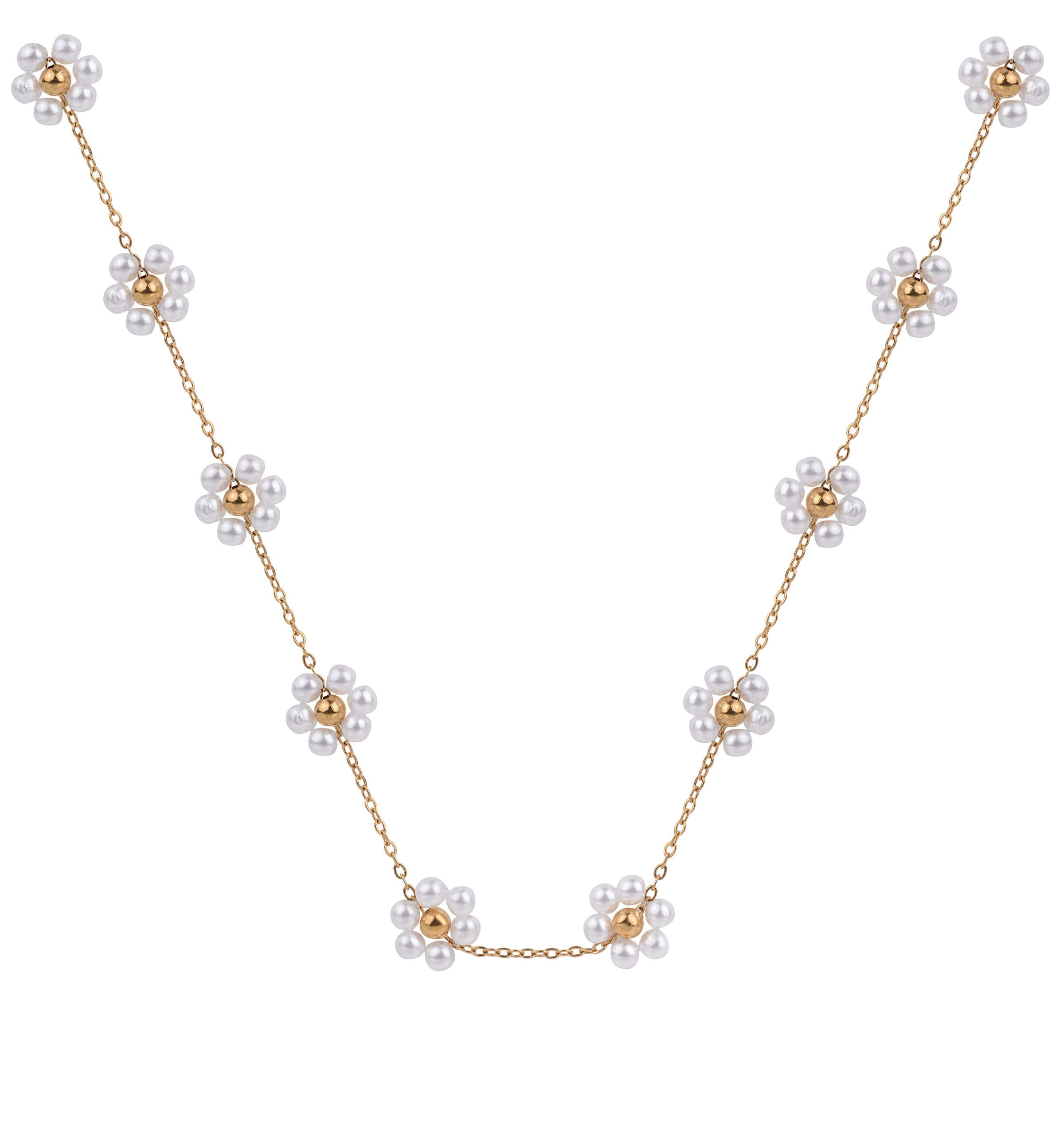 Delicate Pearl Flower Necklace in Gold Tone