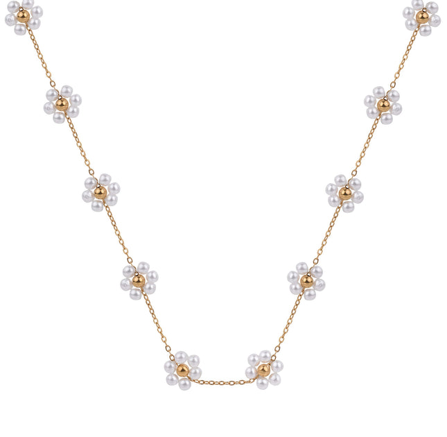 Delicate Pearl Flower Necklace in Gold Tone