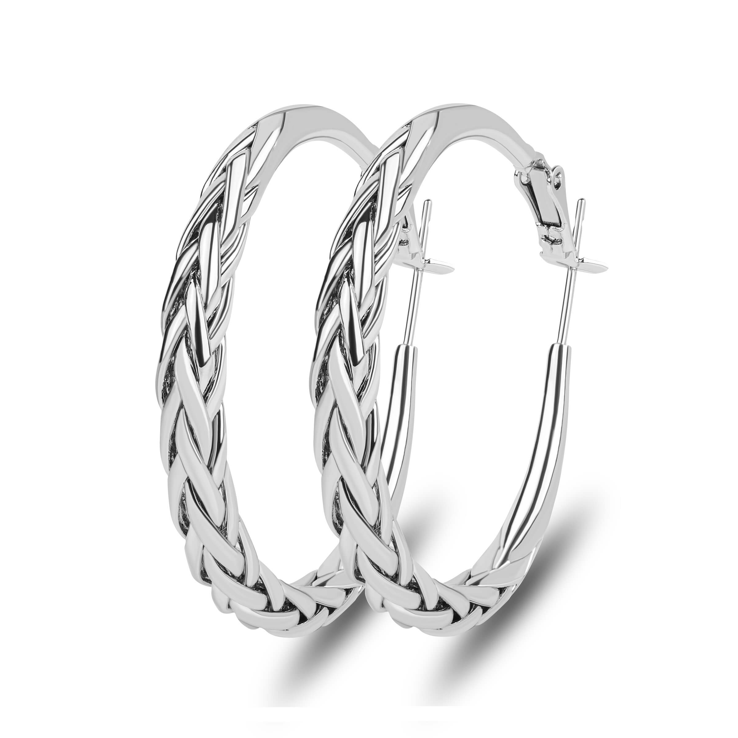 Silver Toned Braided Woven Hoop Earrings