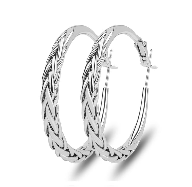 Silver Toned Braided Woven Hoop Earrings