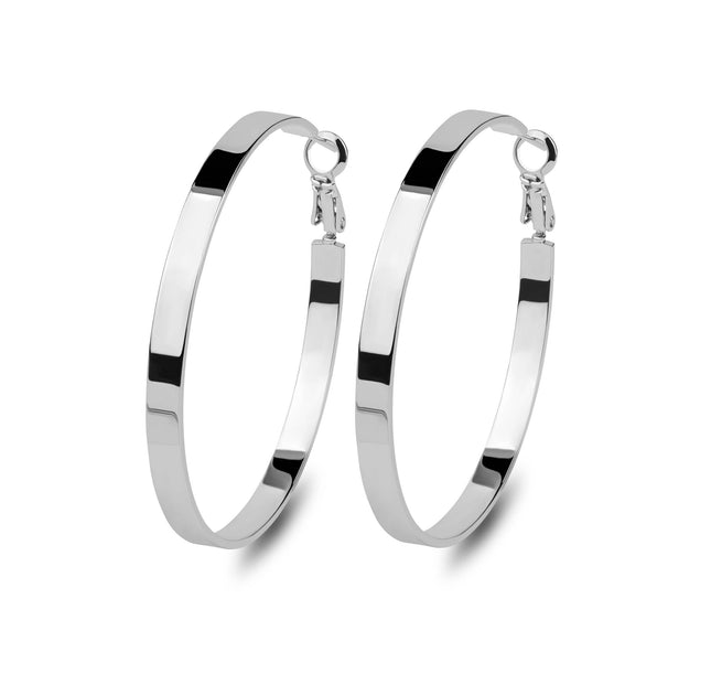 Modern Silver Toned Flat Hoop Earrings
